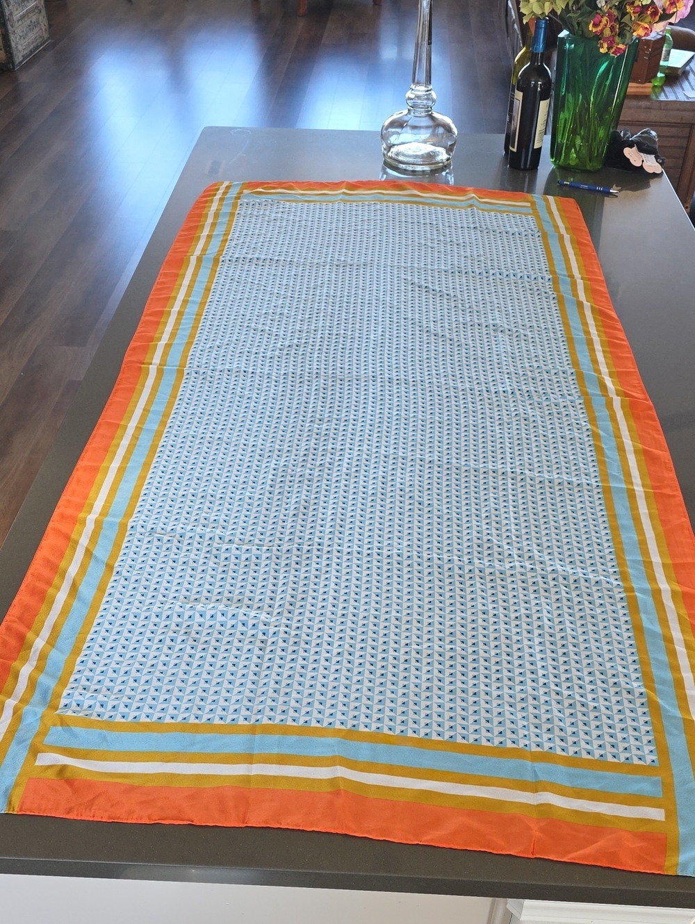 Light Blue Patterned Silk Scarf with Orange Border